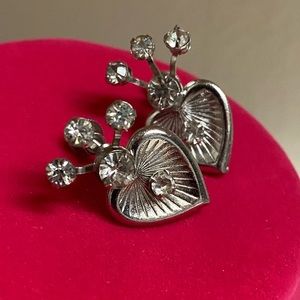 Vintage Bugbee & Niles 1960's Ice Rhinestone Heart Signed Screw Back Earrings